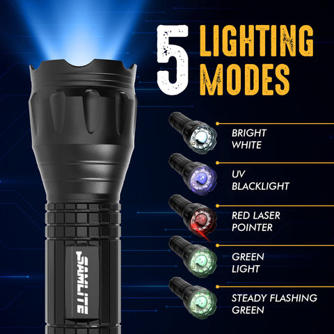SAMLITE flashlight showing laser pointer for precise targeting.