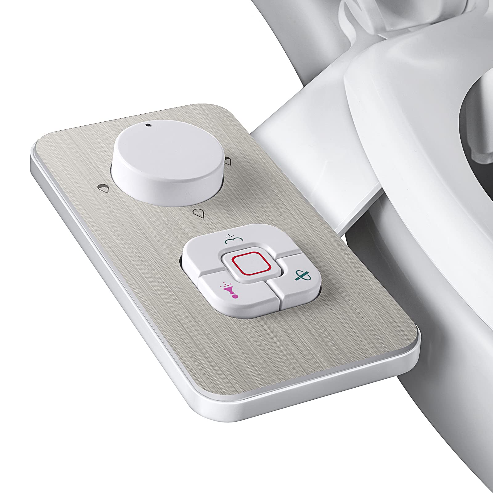 SAMODRA bidet attachment front view with dual nozzles for front and rear wash.