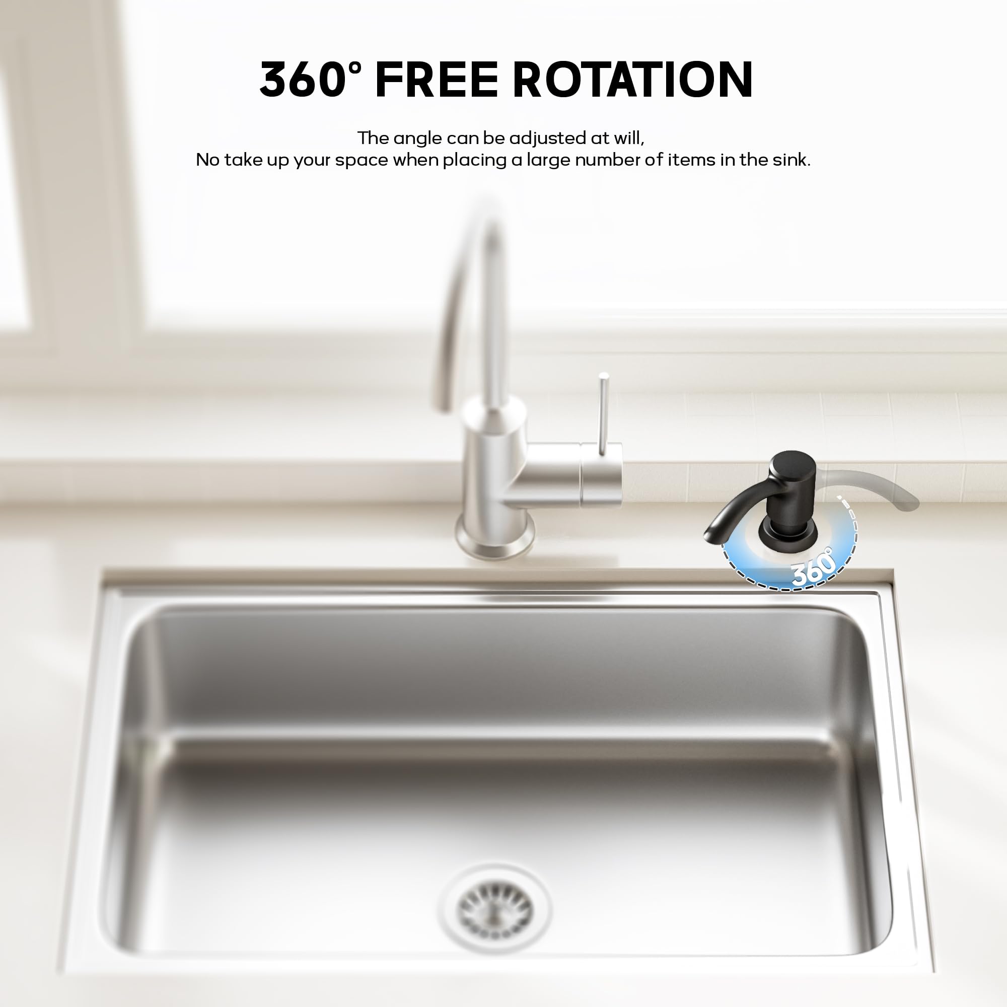 SAMODRA dispenser with 39-inch extension tube enabling easy, mess-free refills.