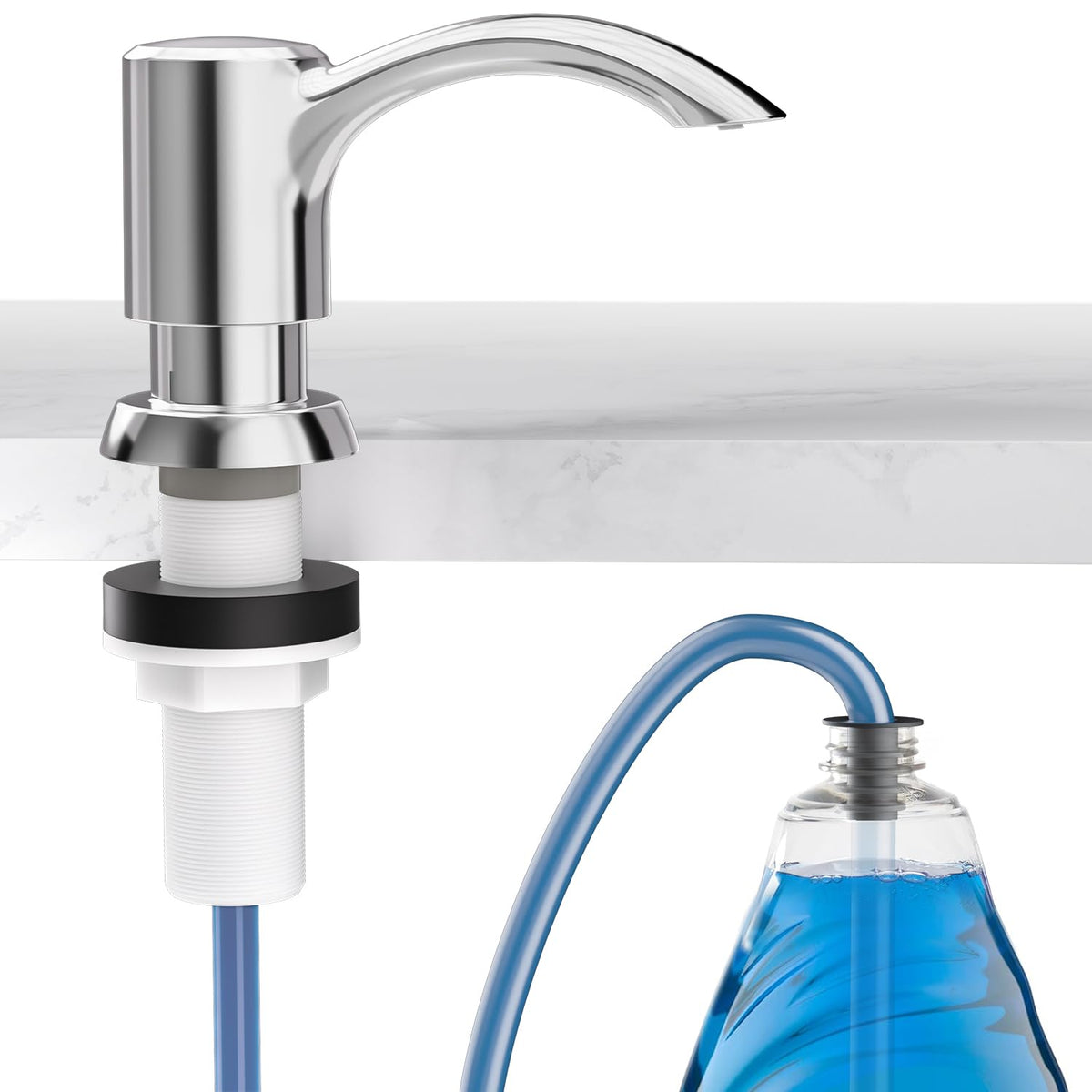 SAMODRA kitchen sink soap dispenser with extension tube in use—mess-free refills