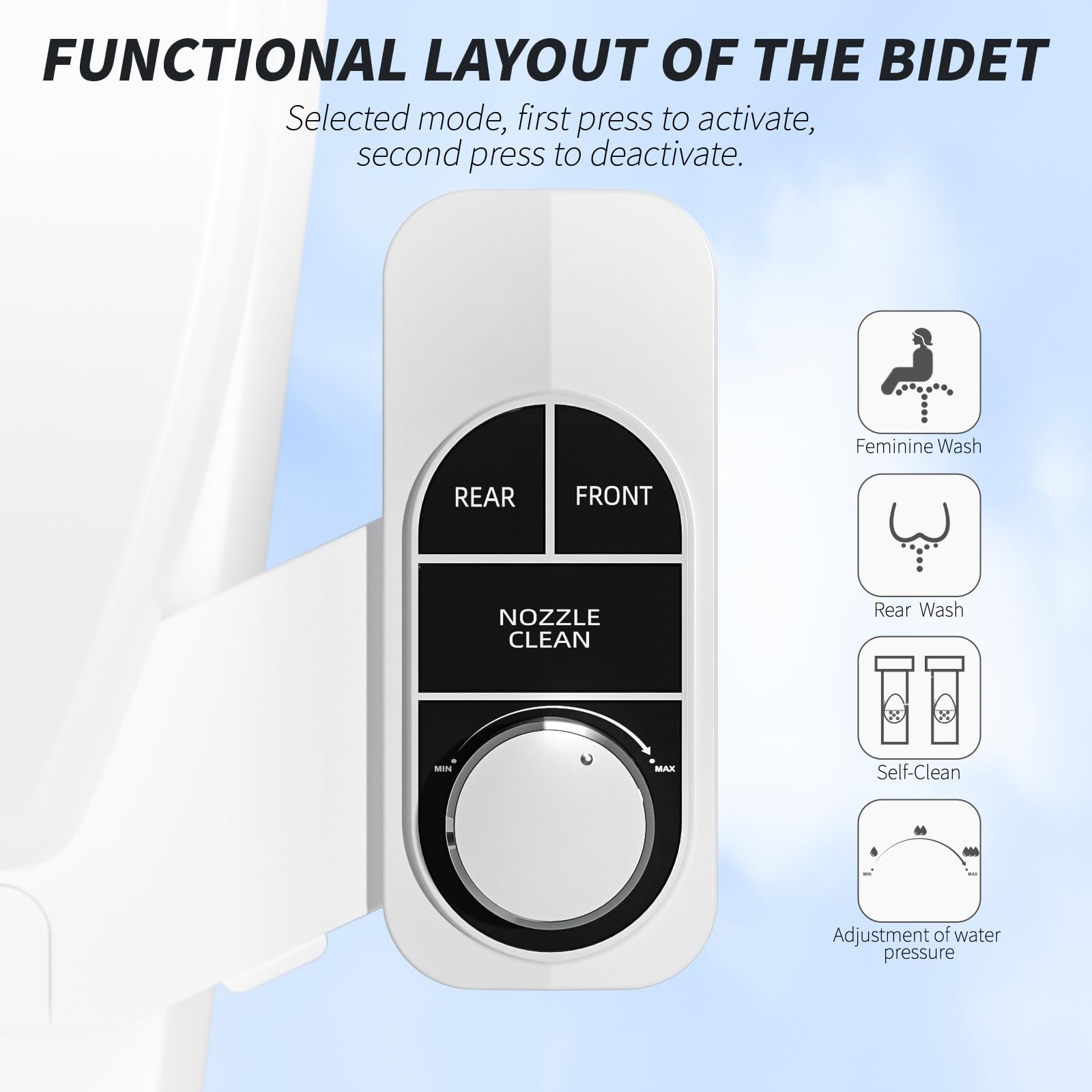 SAMODRA bidet independent water pressure knob enables personalized, comfortable cleansing sessions.