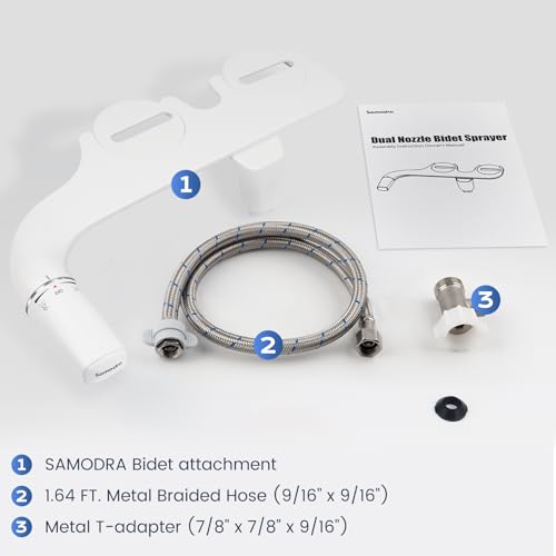 SAMODRA Ultra-Slim Bidet attachment includes stainless steel hardware for easy installation.