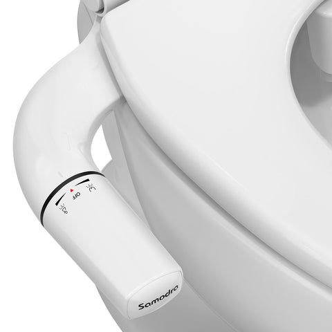 SAMODRA Ultra-Slim Bidet attached to toilet showing slim profile and customizable cleansing