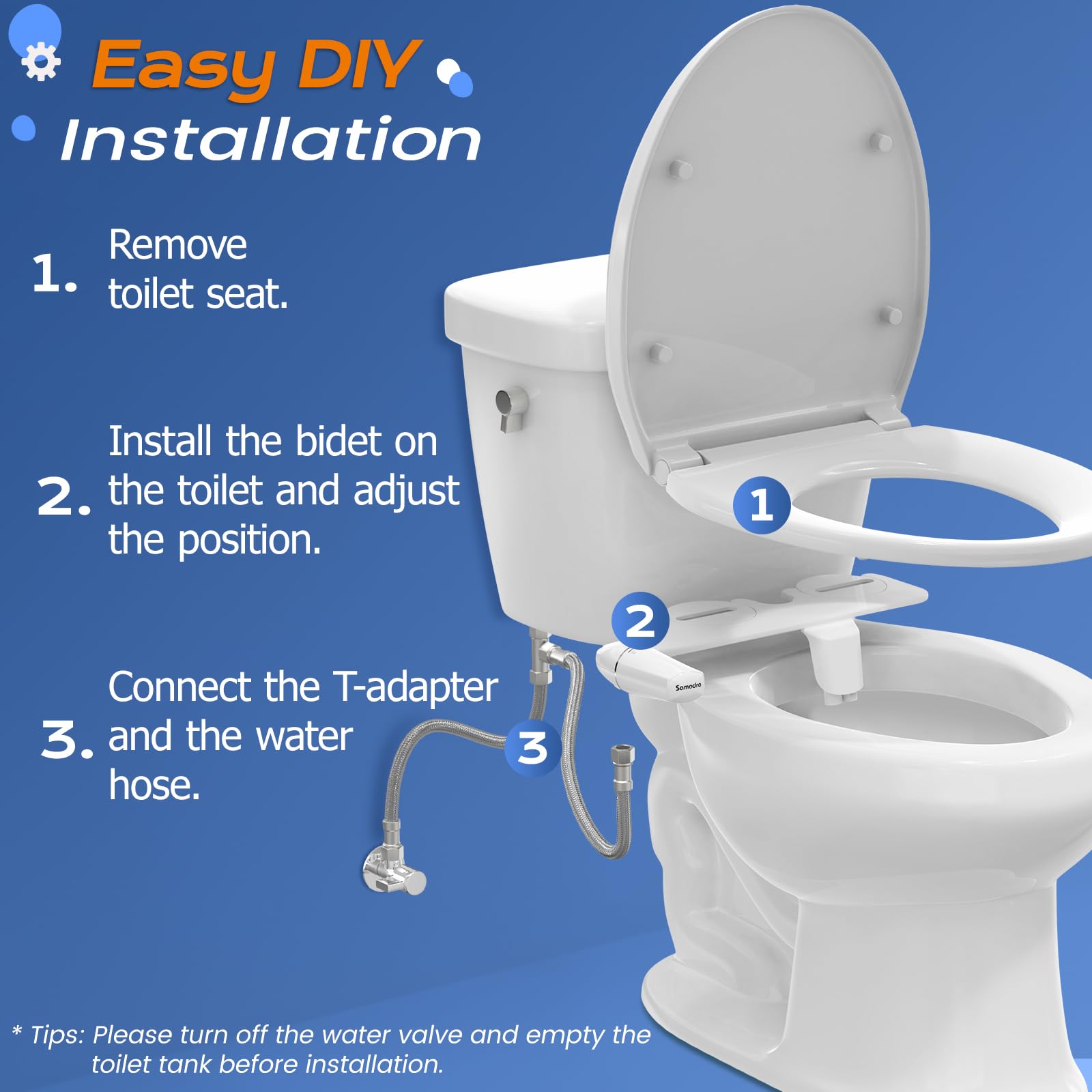 SAMODRA Ultra-Slim Bidet attachment ultra-thin design fits most toilets easily.