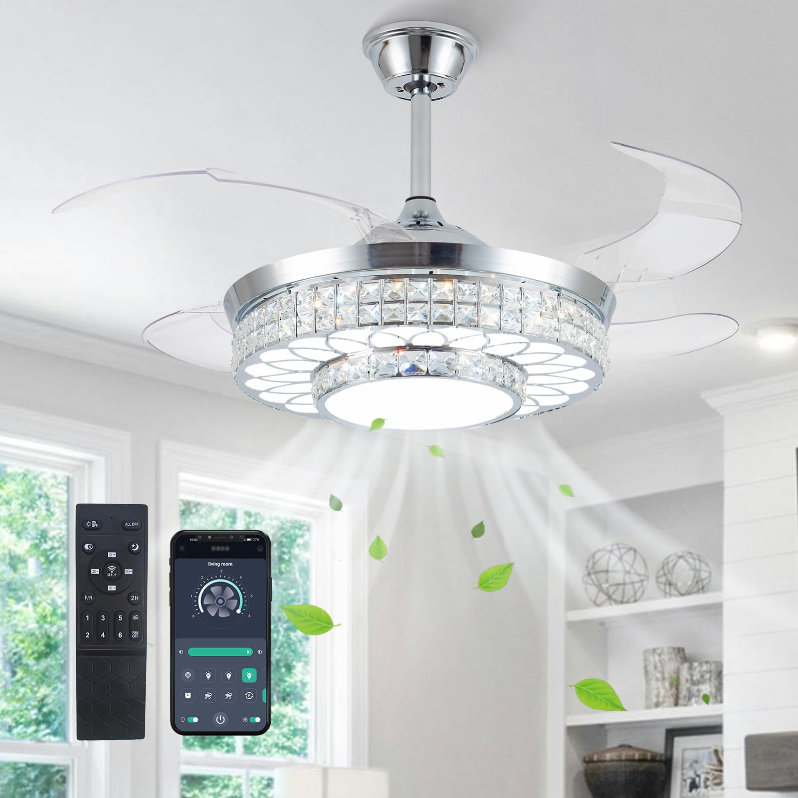 SAMPHON crystal fandelier with blades extended for dramatic living room ambience.