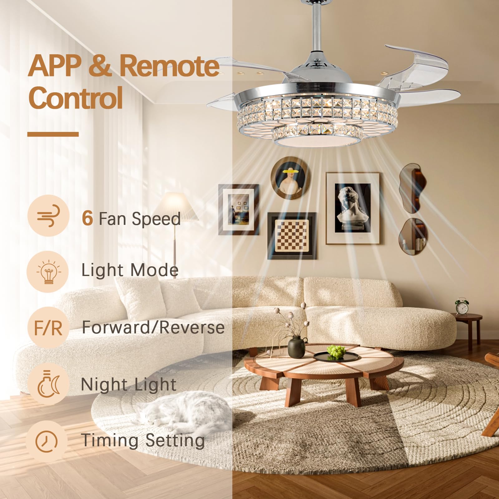 SAMPHON crystal fandelier remote and app control for easy lighting.