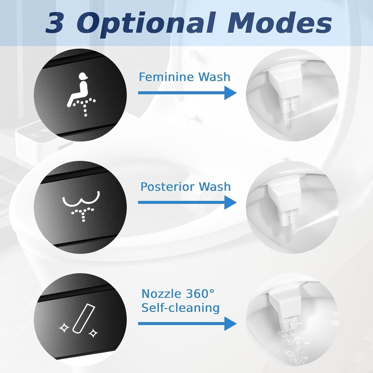 SAMSICHI bidet attachment dual-nozzles enable rear and front cleansing.
