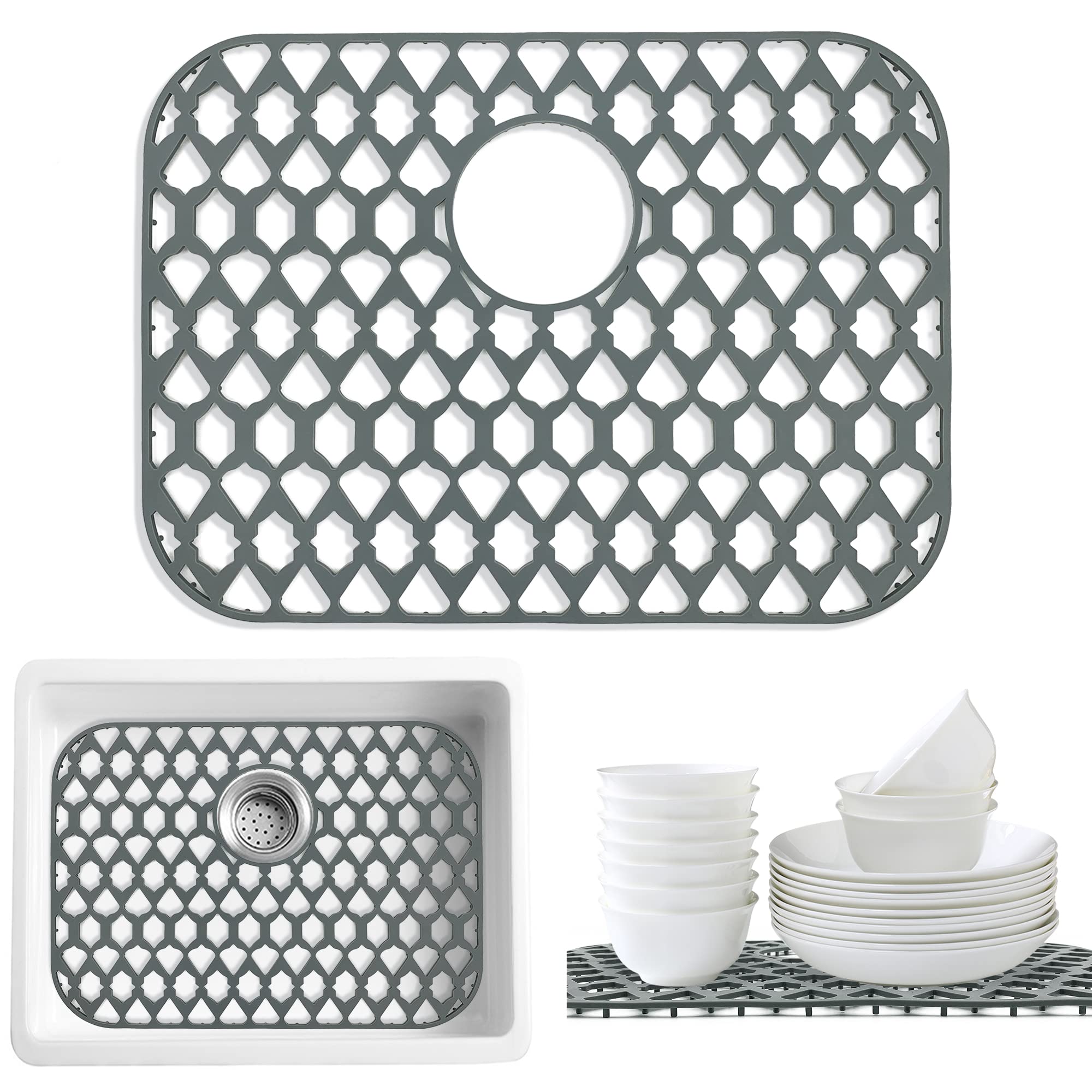 Samsier silicone sink mat 19x14 flexible fit protects bottom drain area.