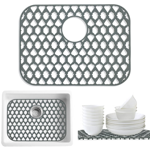 Samsier silicone sink mat 19x14 flexible fit protects bottom drain area.