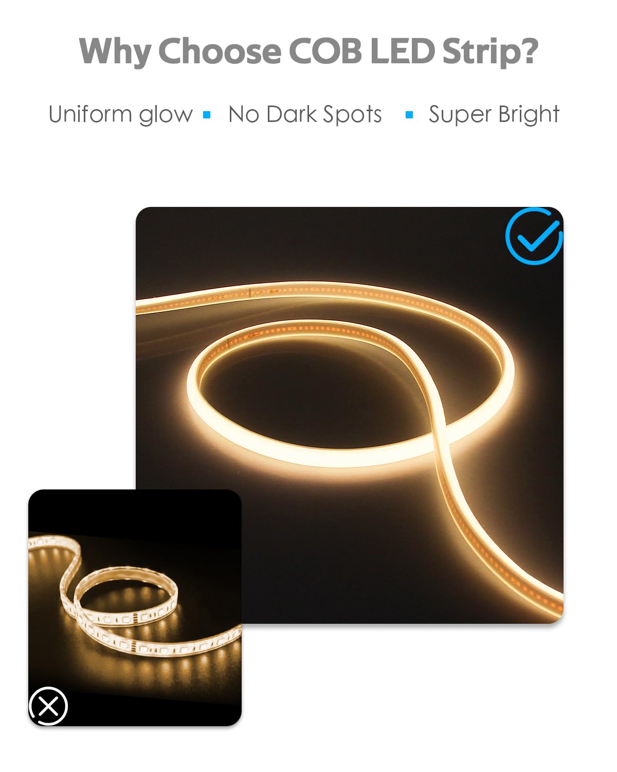 Samsion warm white COB strip at 3000K with 864 LEDs for consistent brightness