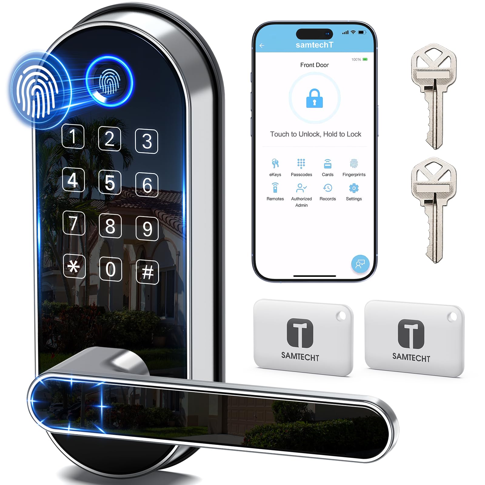 samtechT Bluetooth fingerprint smart lock front view for keyless home access