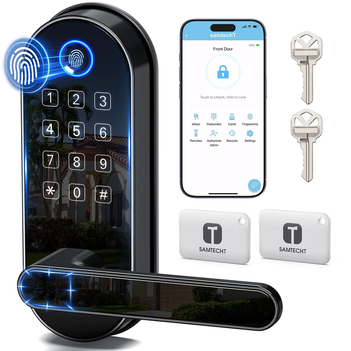 samtechT Bluetooth fingerprint lock with handle for quick keyless entry.