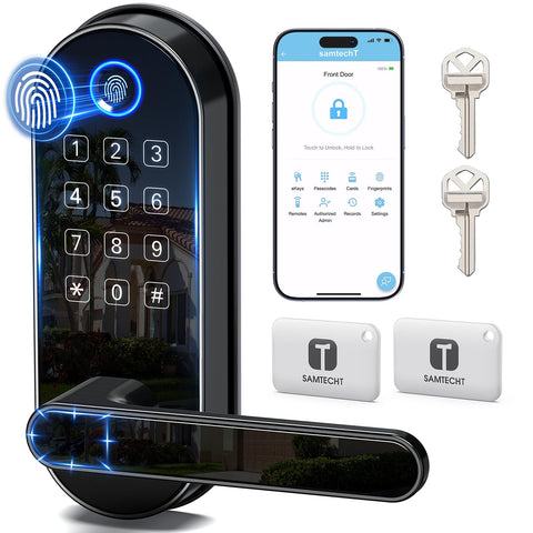samtechT Bluetooth fingerprint lock with handle for quick keyless entry.
