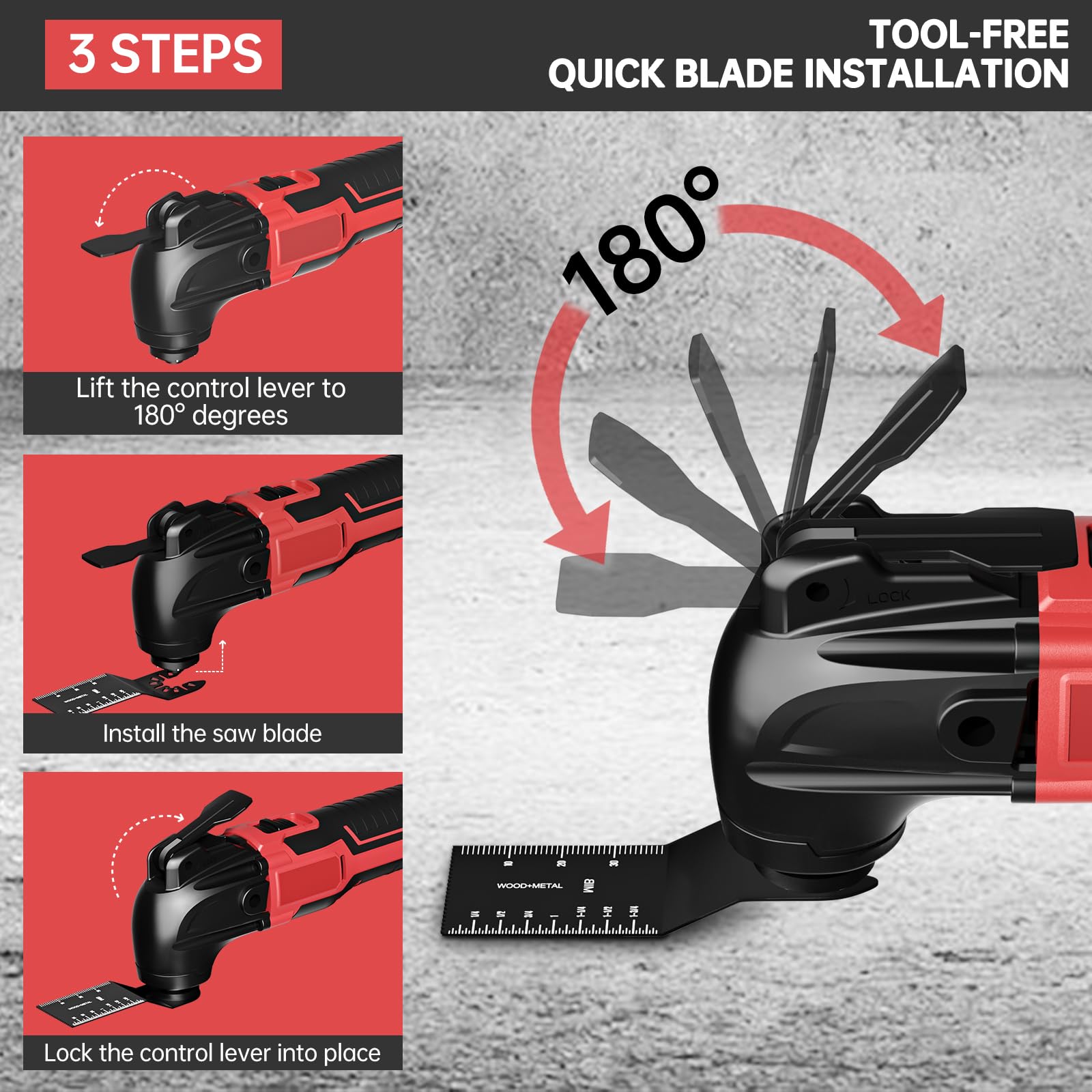 Samvinor quick blade-change system enables fast blade swaps without tools.