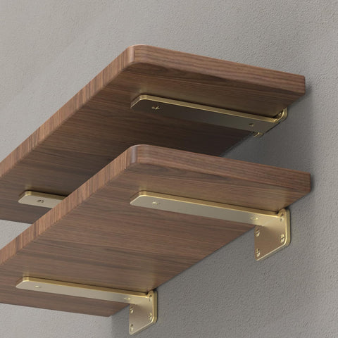Sanbeeto floating shelf brackets gold 6-inch wall-mount installation view highlights easy, secure support
