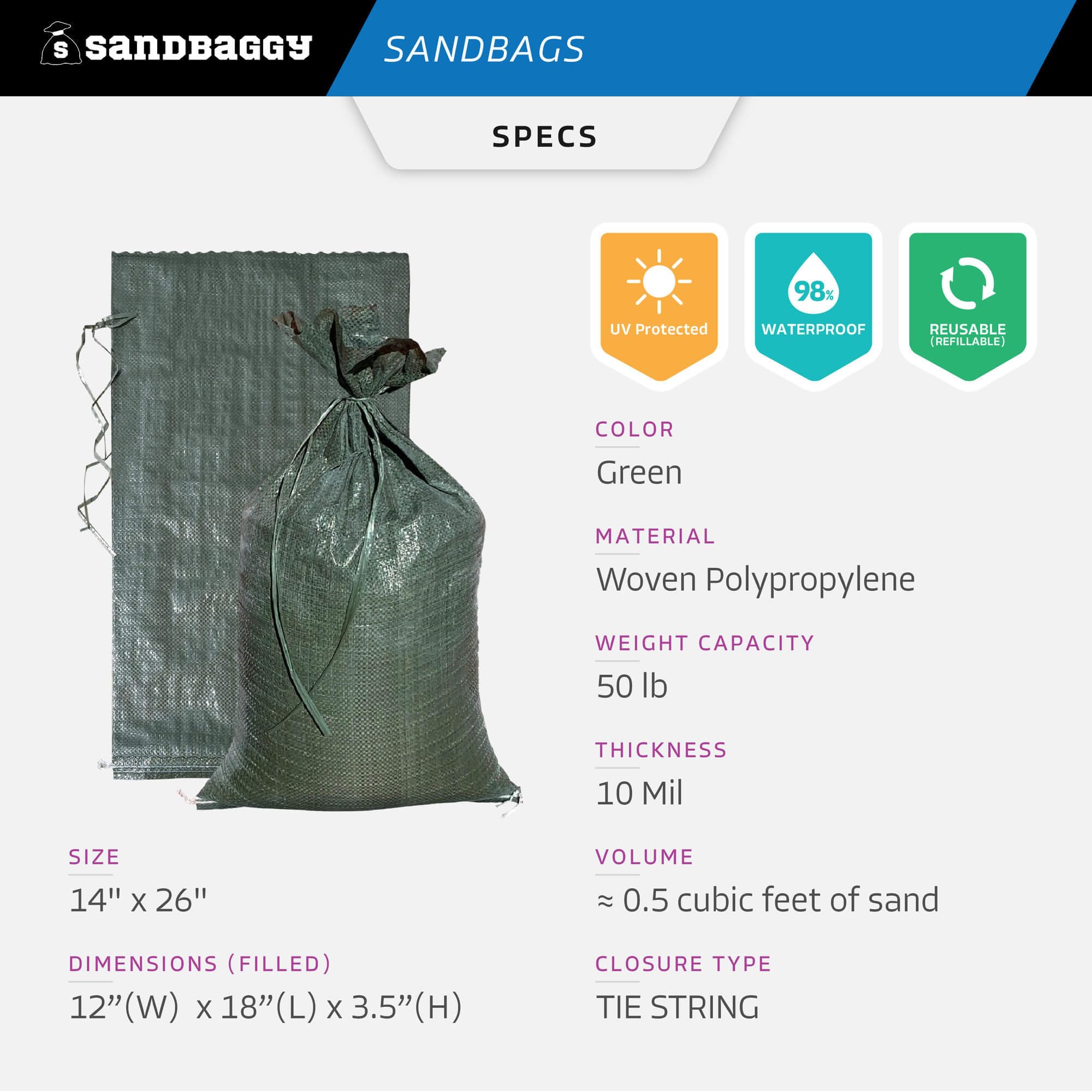 Sandbaggy flood control sandbags in green with 14x26 footprint