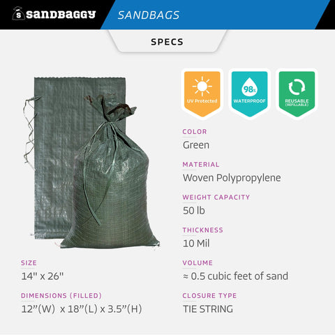 Sandbaggy flood control sandbags in green with 14x26 footprint
