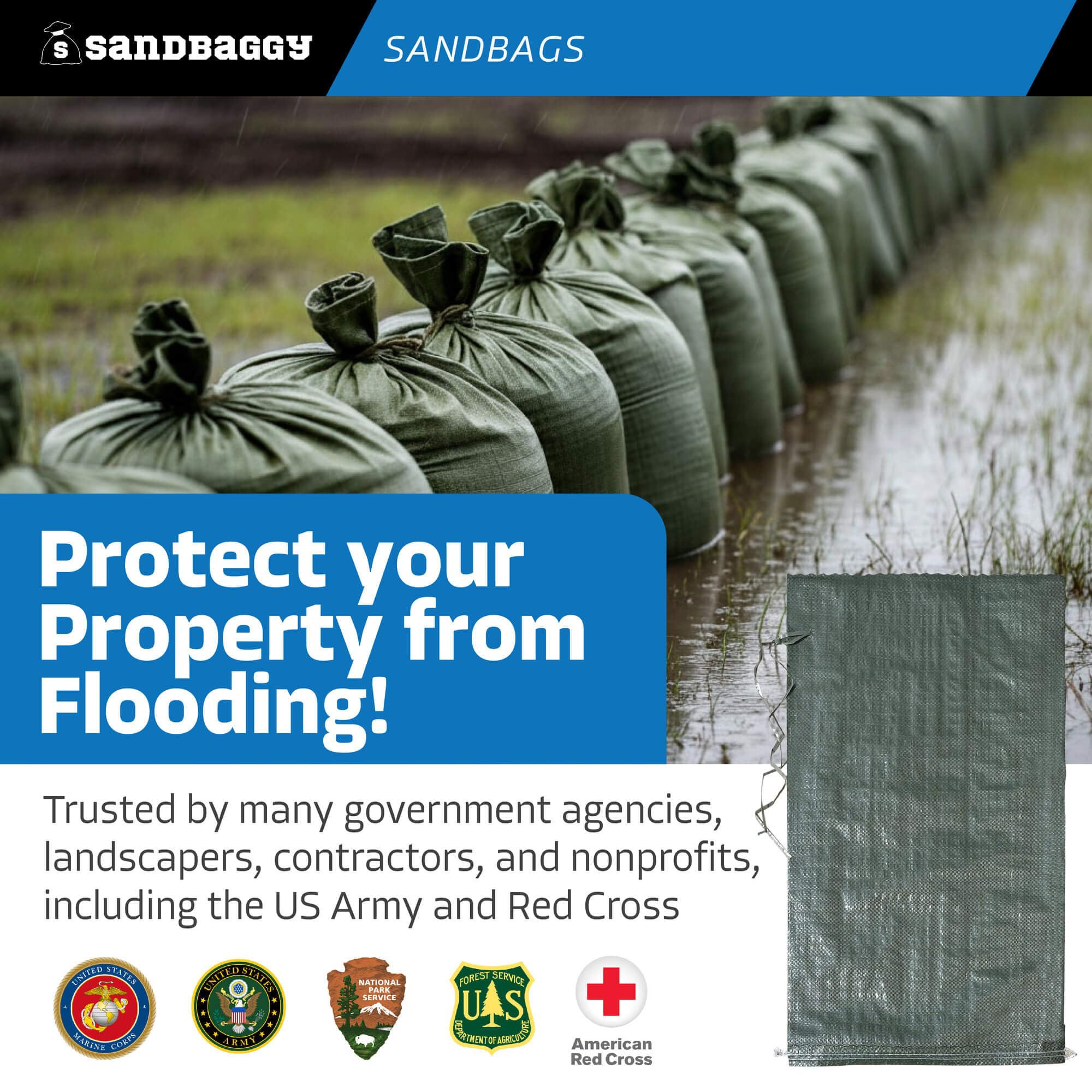 Sandbaggy green UV-protected bags in a 30-pack for quick setup