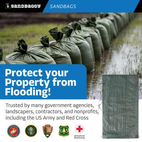 Sandbaggy green UV-protected bags in a 30-pack for quick setup