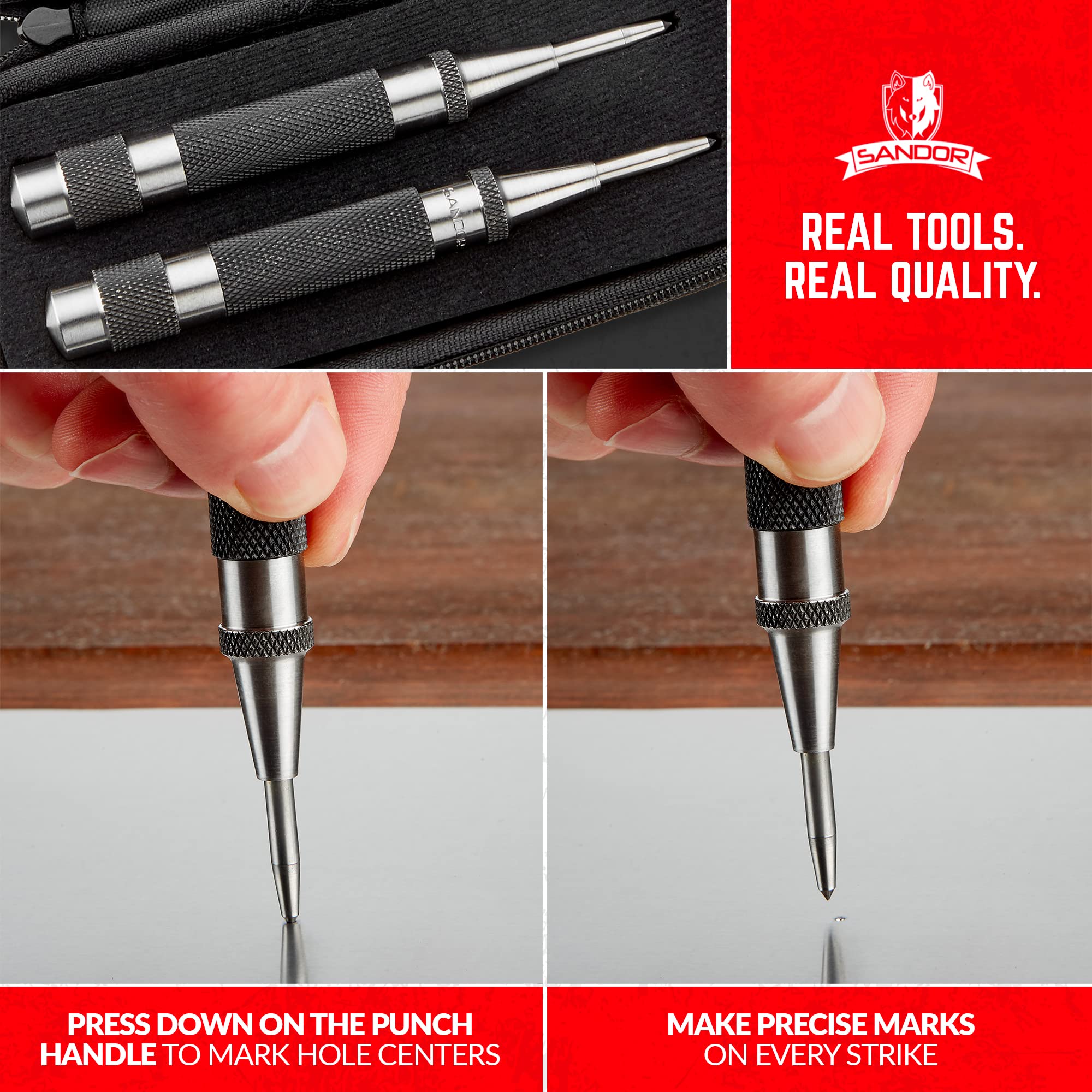 SANDOR hardened steel tip provides durable, precise dimple for drilling.