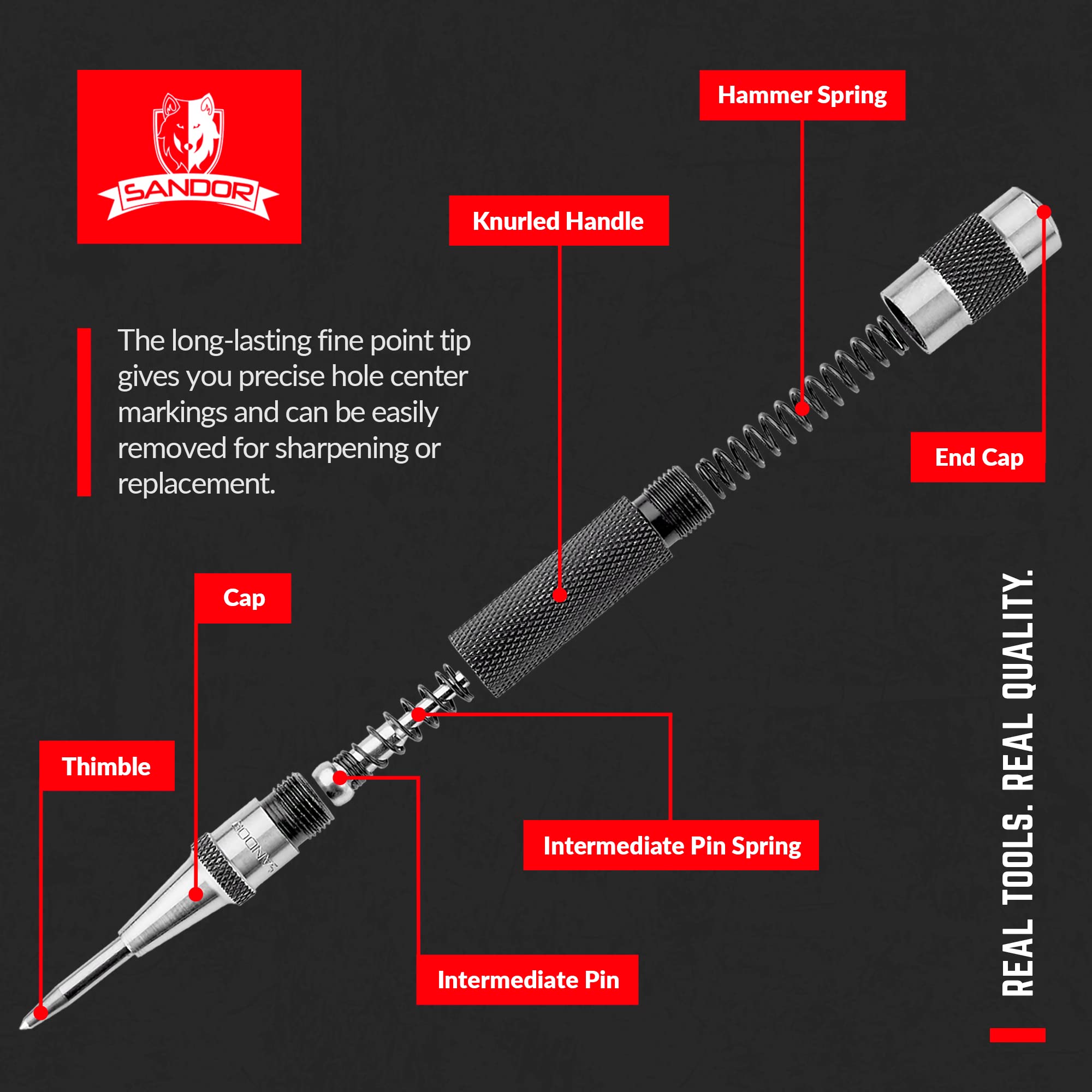 SANDOR center punch with knurled handle for secure grip.