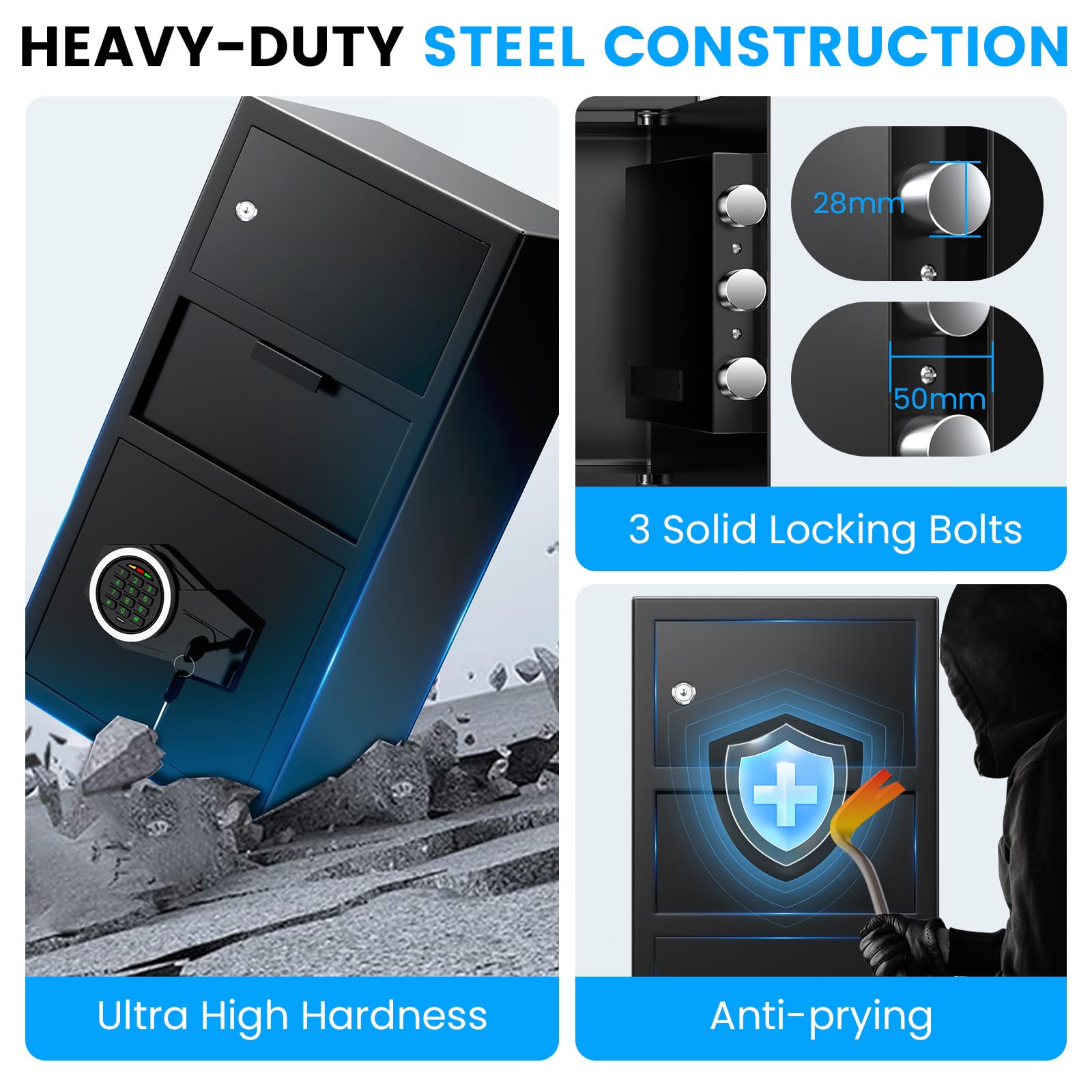 Sanfnz alarm system and backlit keypad aid safe, discreet operation.