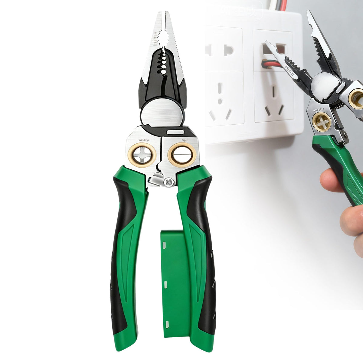 Sanfylikus 8-in-1 wire stripper with volt tester in action for safe wiring.