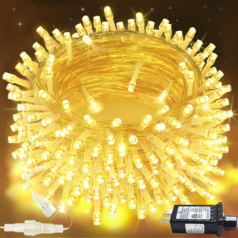 SANJICHA connectable 200 LED lights provide a warm white glow for indoor and outdoor ambiance.