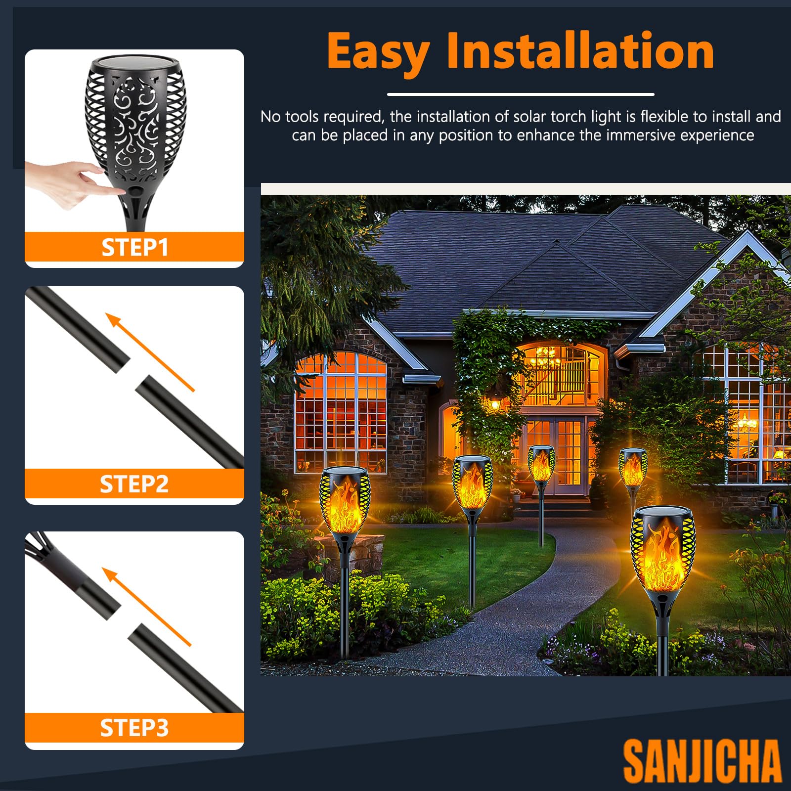 Sanjicha IP65 waterproof flame torches resist rain for year-round decor.
