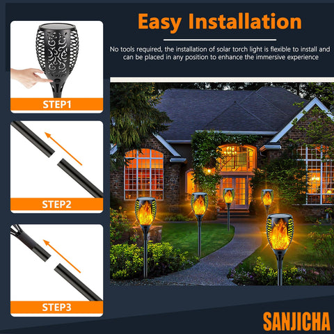 Sanjicha IP65 waterproof flame torches resist rain for year-round decor.