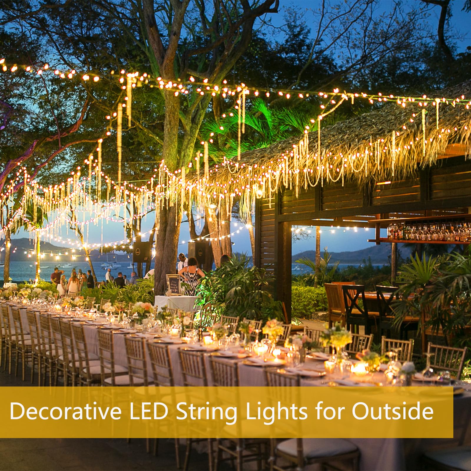 SANJICHA solar string lights overhead above a cozy patio for ambience.