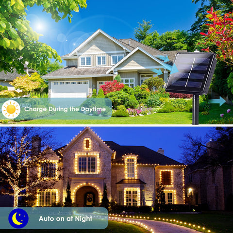 SANJICHA warm-white 200LED solar string lights enhancing outdoor spaces.