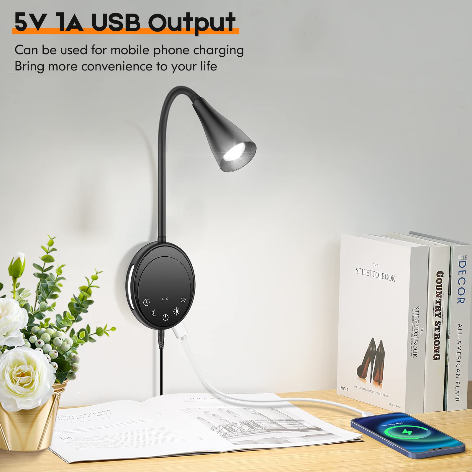 SANKEDOU bedside headboard light with five dimming levels for night-time comfort