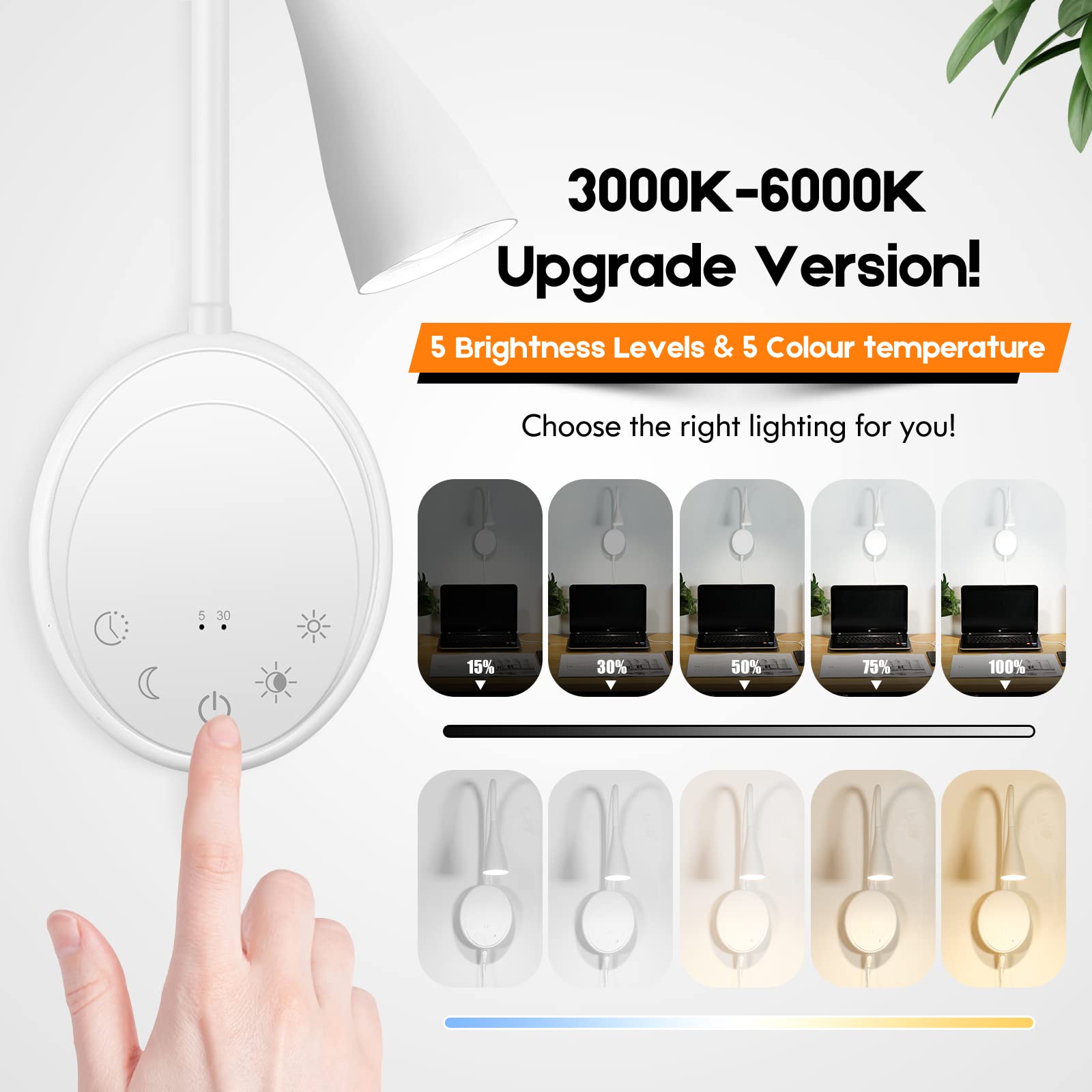 SANKEDOU reading light with five dimmable levels for late-night use.