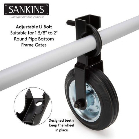 SANKINS gate wheel rolls over concrete, grass, and gravel surfaces
