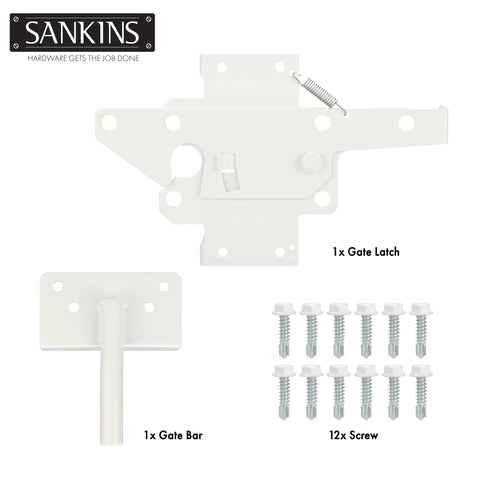 SANKINS heavy-duty steel latch shown installed on a wooden gate.