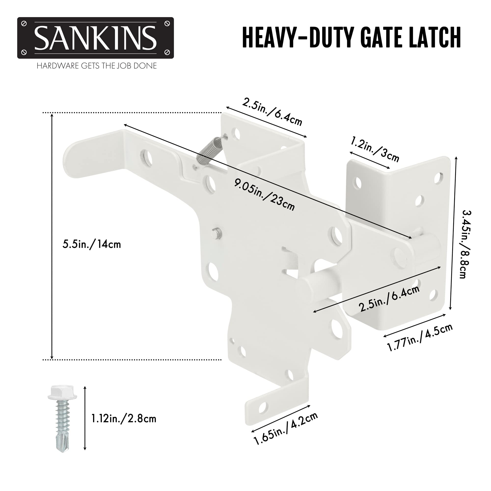 SANKINS gate latch with fasteners for quick, sturdy installation on outdoor gates.