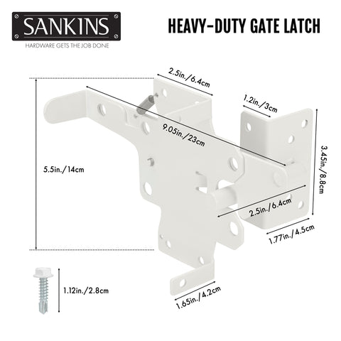 SANKINS gate latch with fasteners for quick, sturdy installation on outdoor gates.