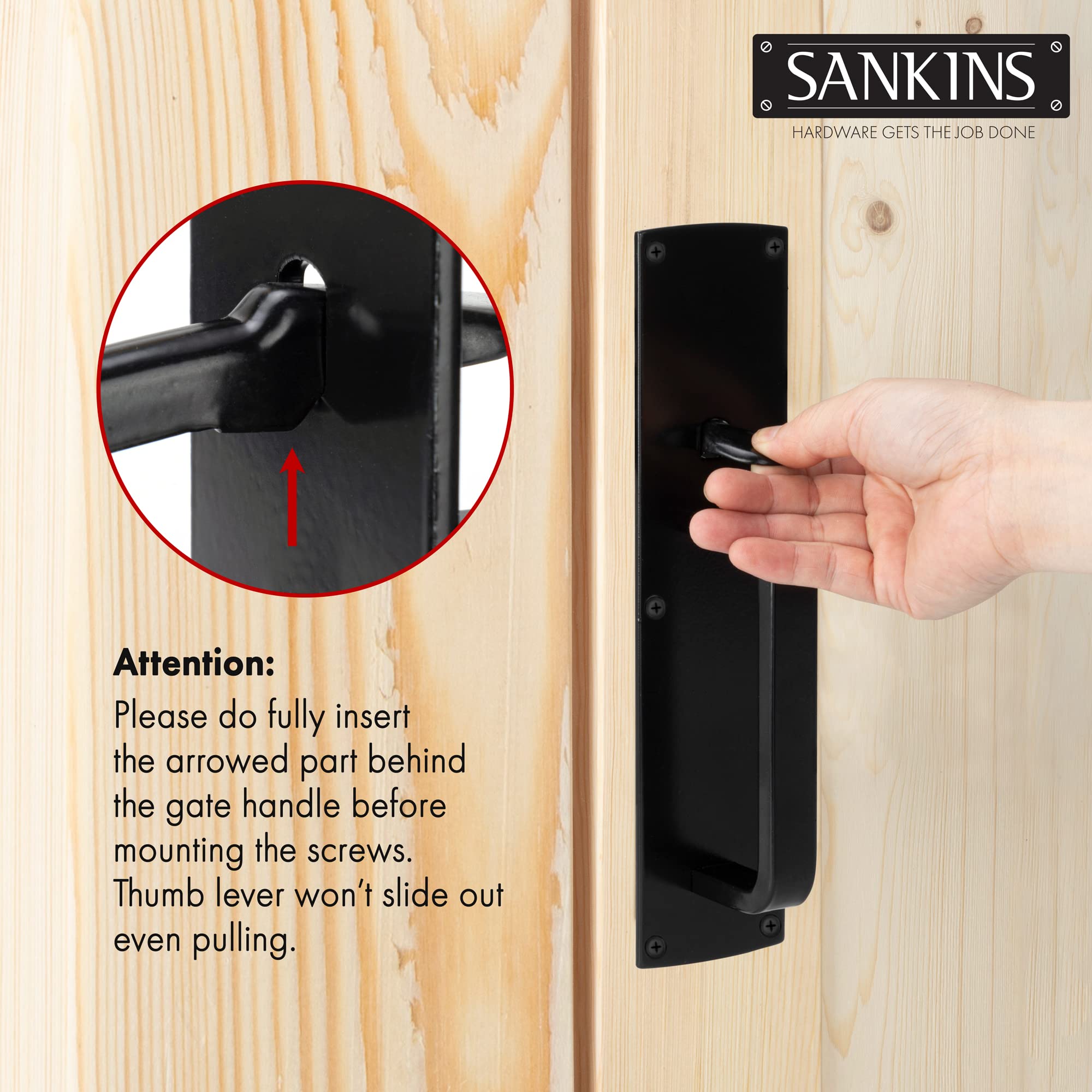 SANKINS heavy-duty gate latch on wooden fence demonstrates swing versatility