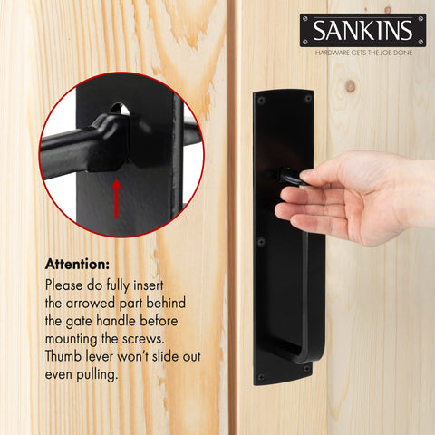 SANKINS heavy-duty gate latch on wooden fence demonstrates swing versatility