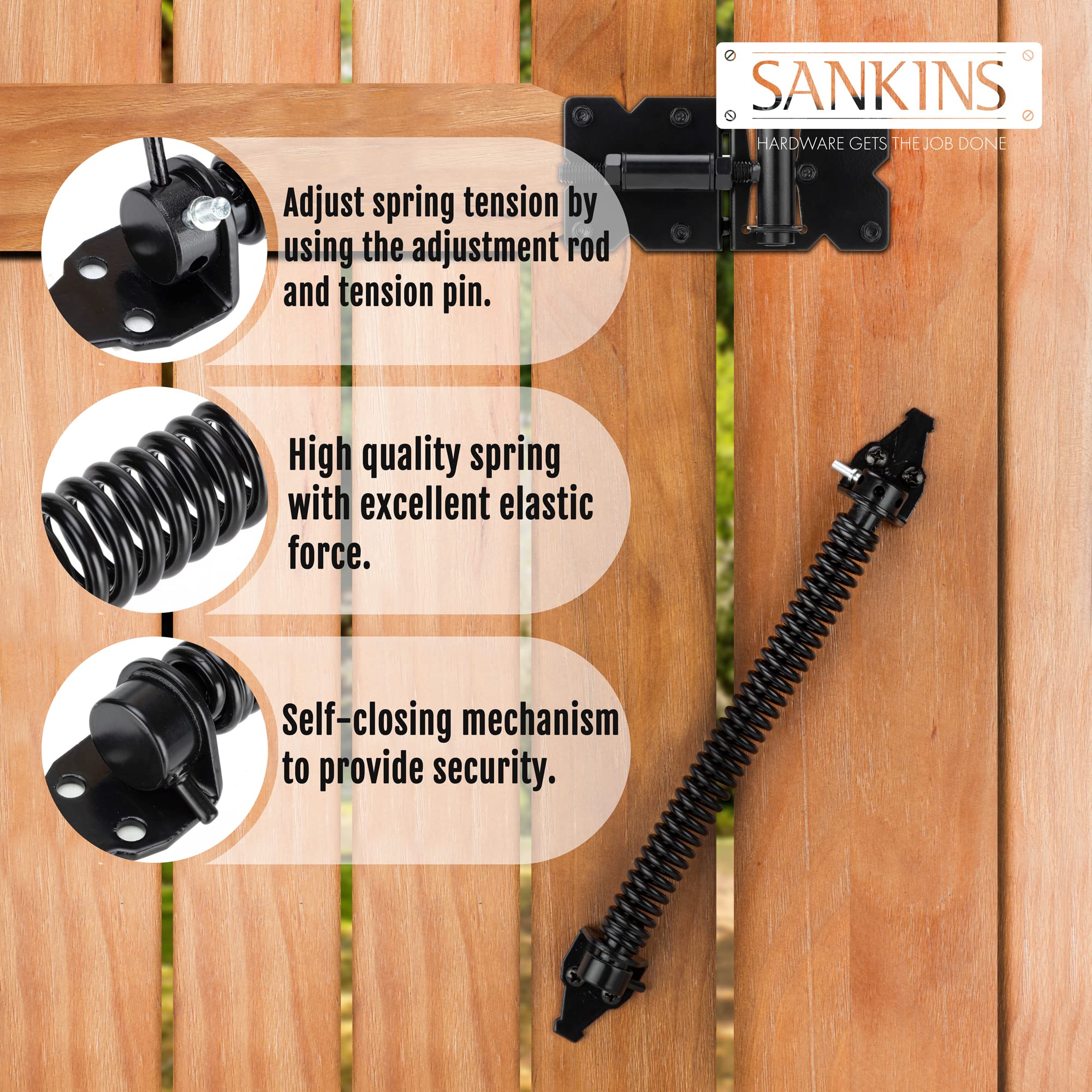 SANKINS heavy-duty steel gate spring with black coating resists weather and corrosion