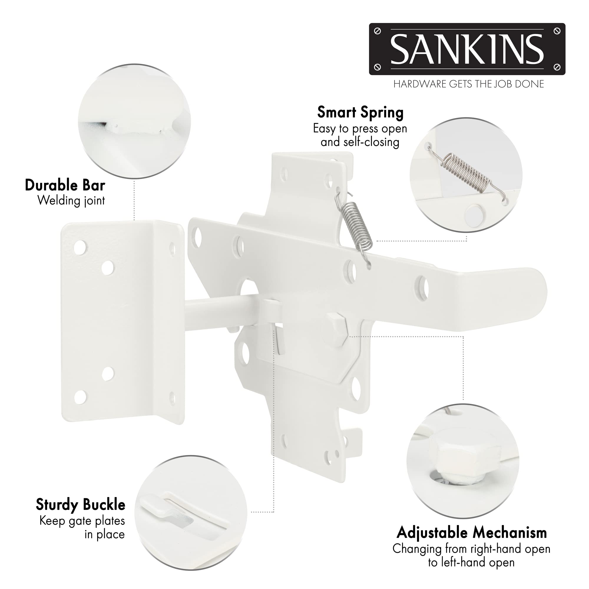 SANKINS pool-grade latch on a white fence meets outdoor safety needs.