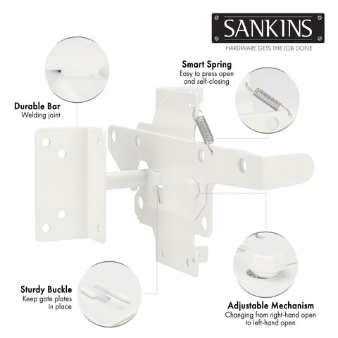 SANKINS pool-grade latch on a white fence meets outdoor safety needs.