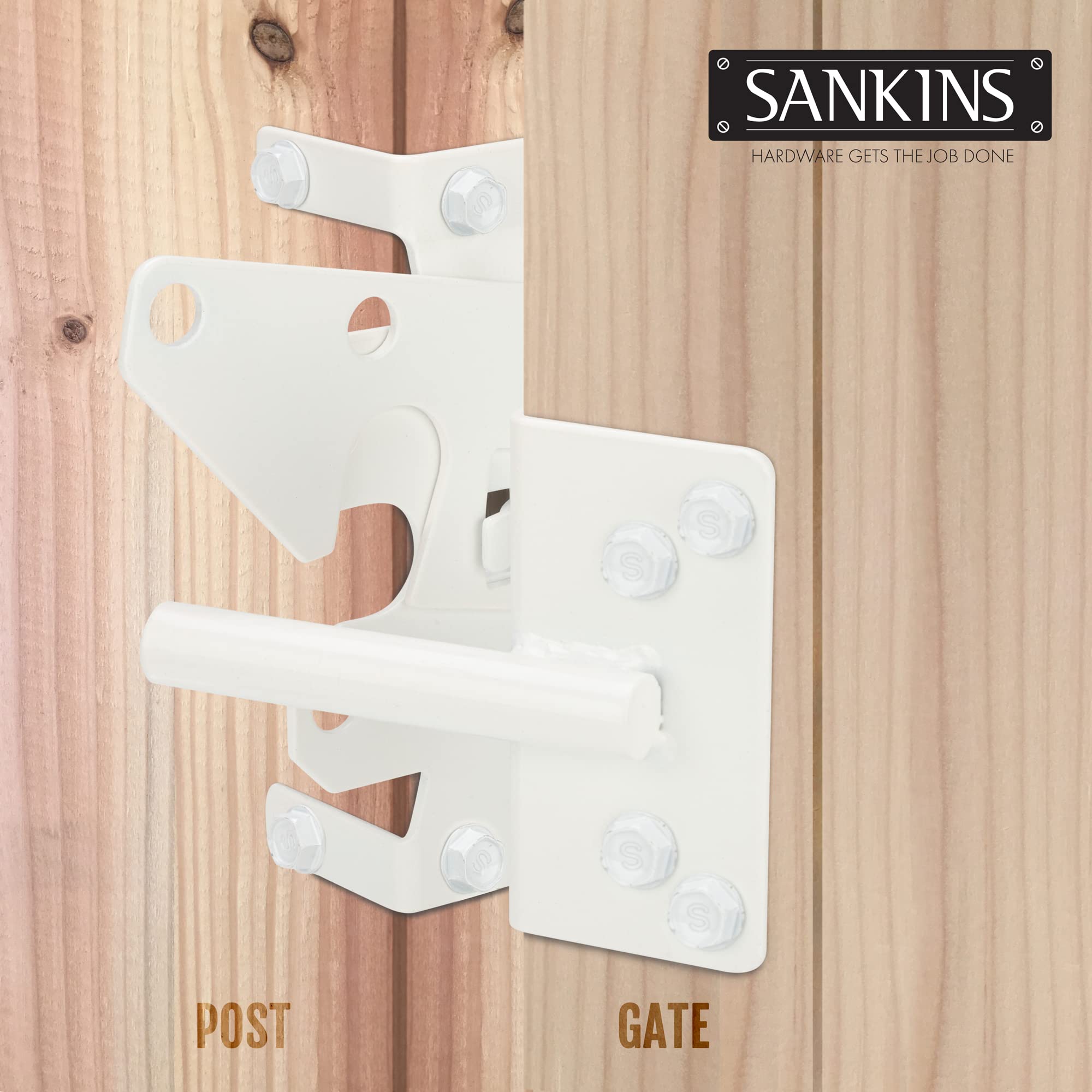 SANKINS self-locking latch with optional mounting plate for easy setup.