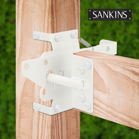 SANKINS post-mount latch used on gates and doors for secure access.