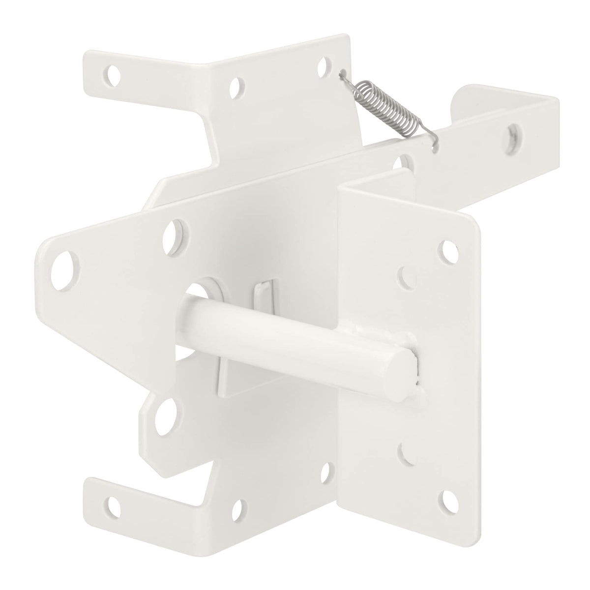 SANKINS self-locking gate latch post-mount on a white wooden fence for secure yard access.