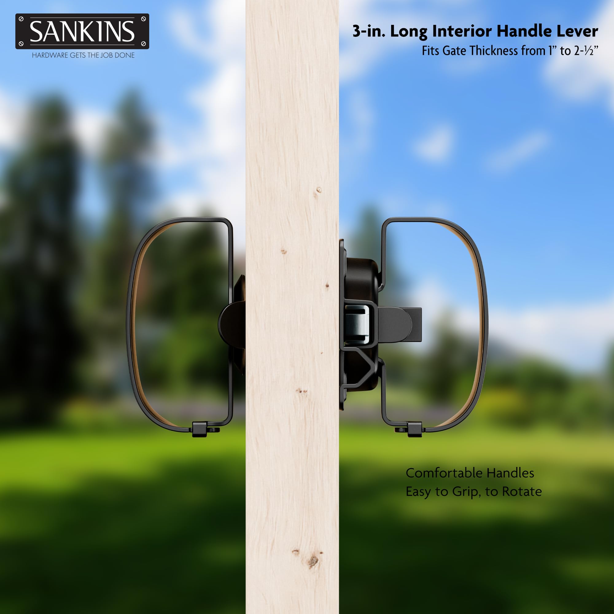 SANKINS latch on a wooden fence gate with weather-ready coating