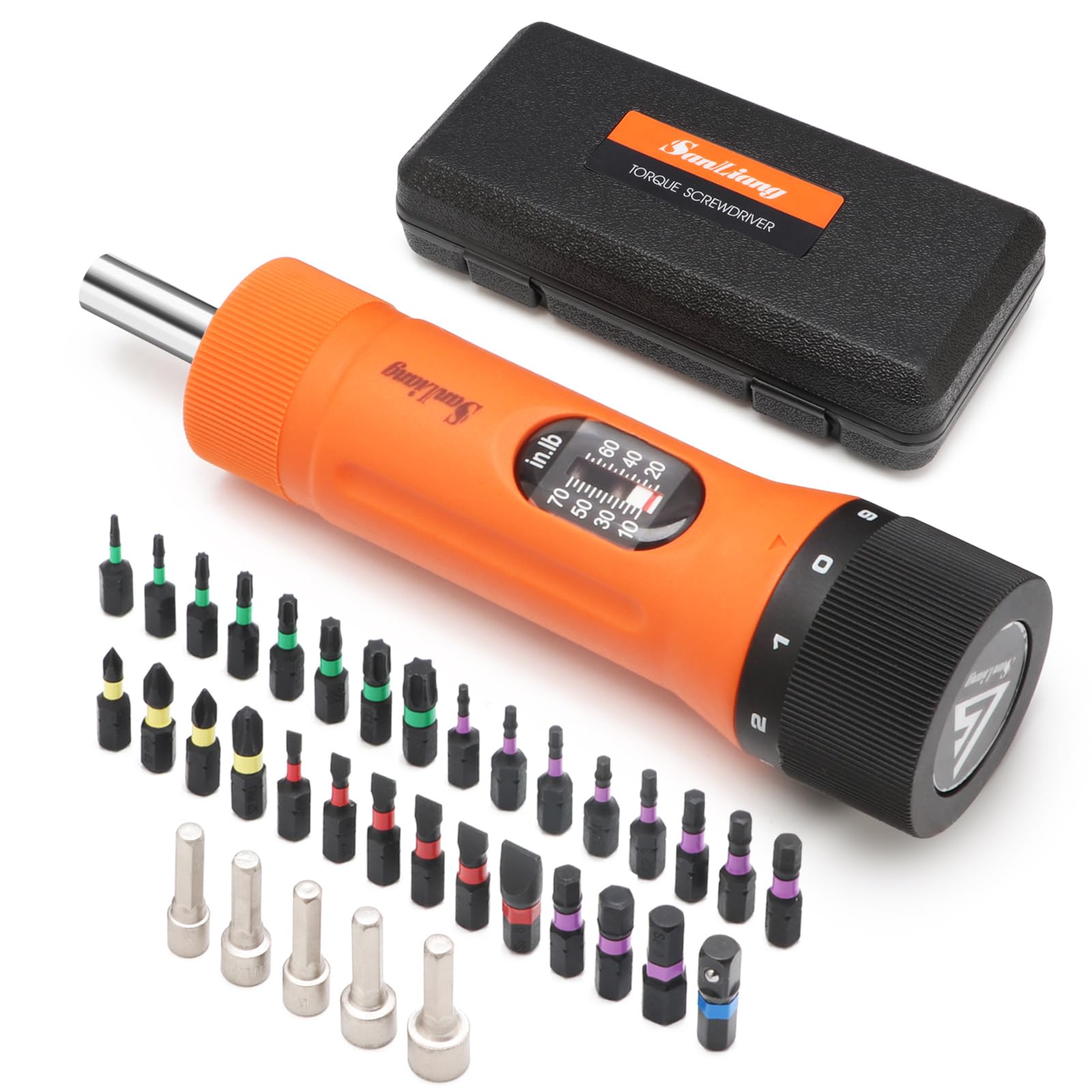 Sanliang 36Pcs torque screwdriver set box organized for quick access and storage.