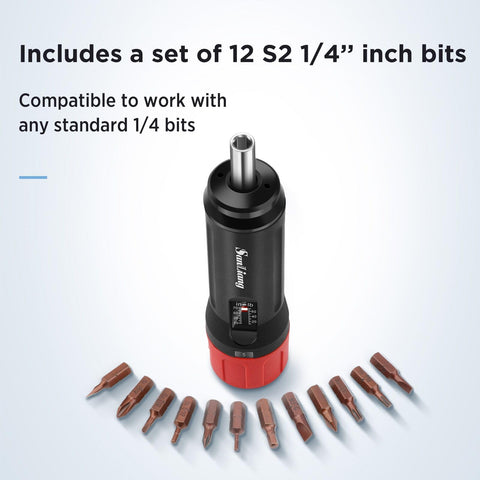SanLiang torque screwdriver 1/4-inch bits demonstrating standard-bit compatibility for versatile repairs.