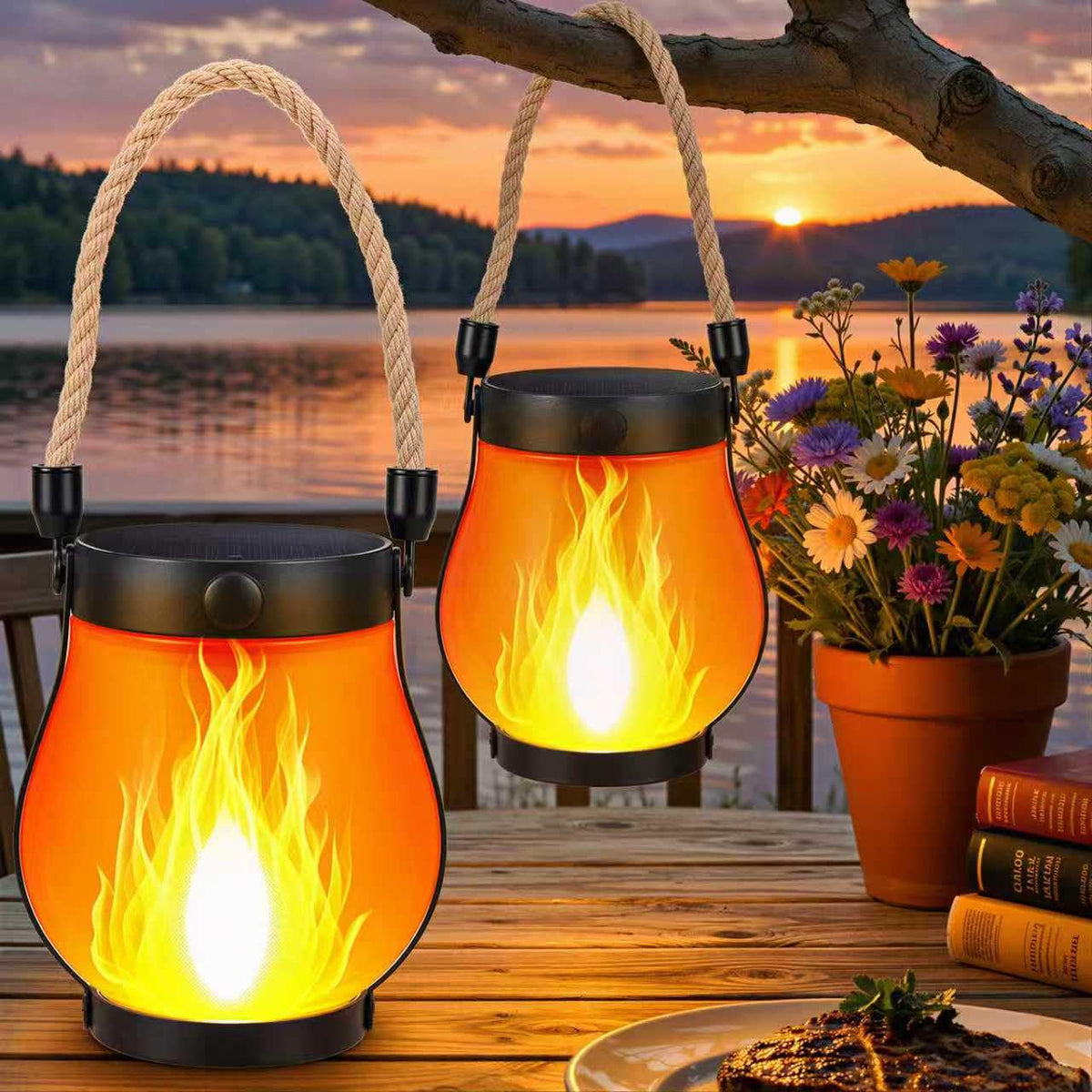 SANMOON 2-pack solar flame lanterns hanging-path for warm garden ambience